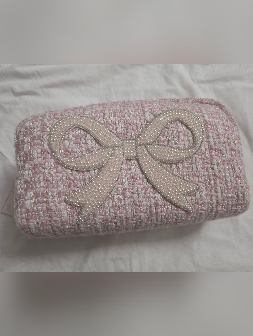 Pink Tweed Coquette Cosmetic Bag